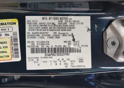 2014 Ford Fusion S z USA, uszkodzony, nr VIN 3FA6P0G73ER327997